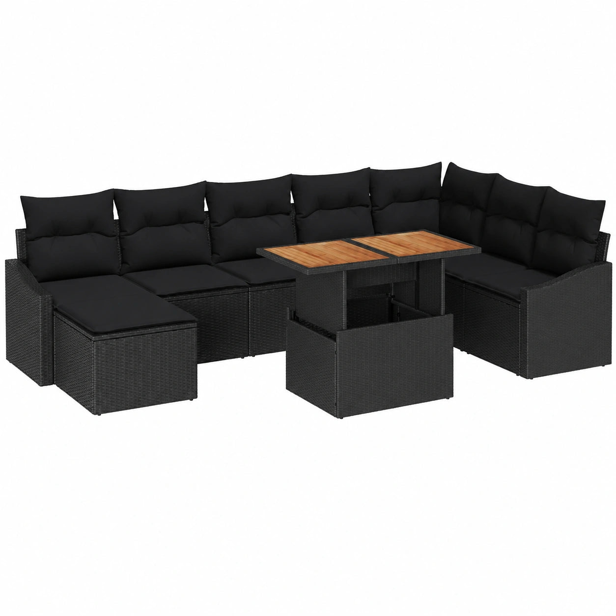 Conjunto de Comedor Exterior 9 Piezas en Ratán Sintético Negro con Cojines