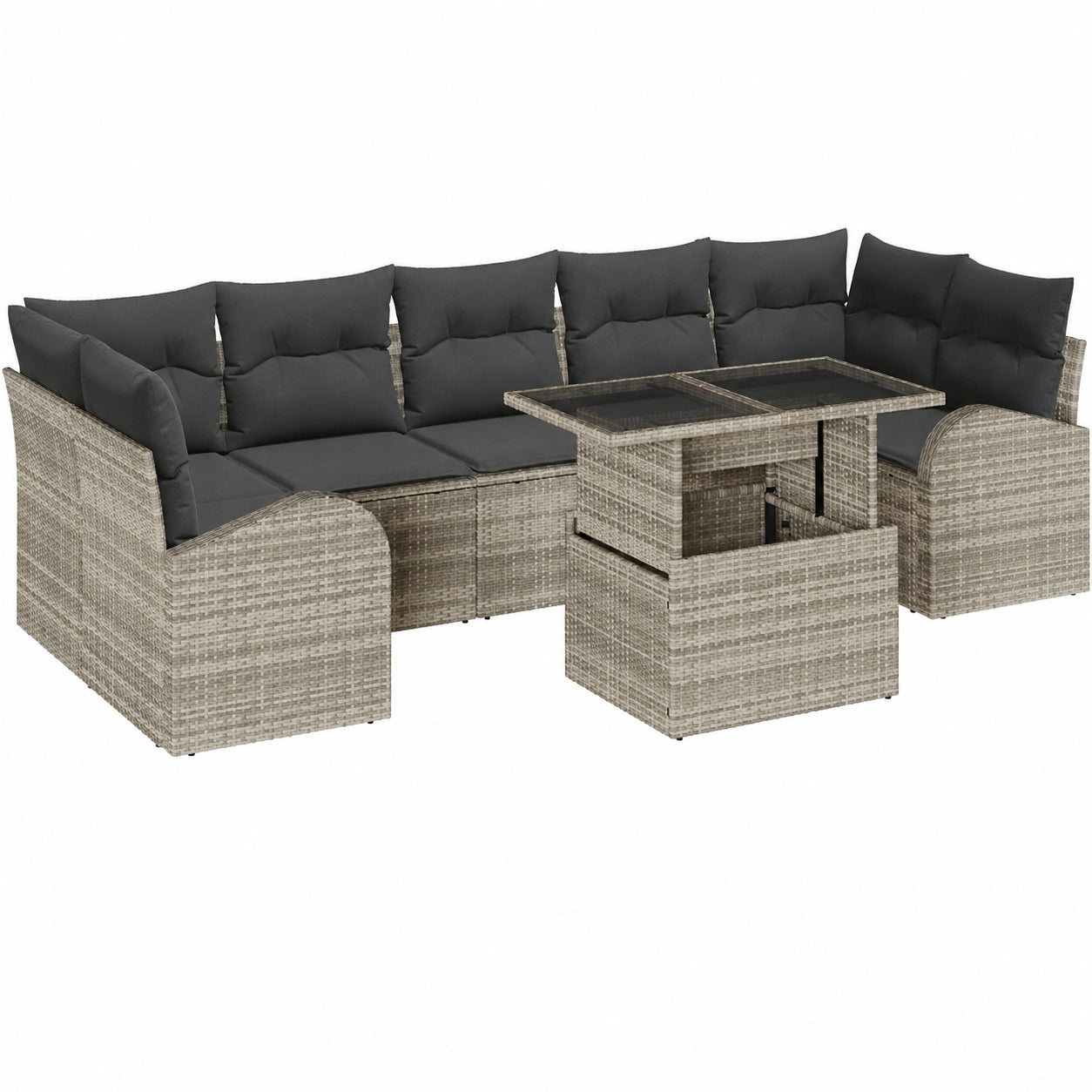 Conjunto de Sofá Modular de Jardín de 8 Piezas con Cojines, Muebles de Exterior de Ratán Gris Claro, Mesa de Comedor Grande, Resistente al Clima, Estilo Lounge Sofisticado y Confortable
