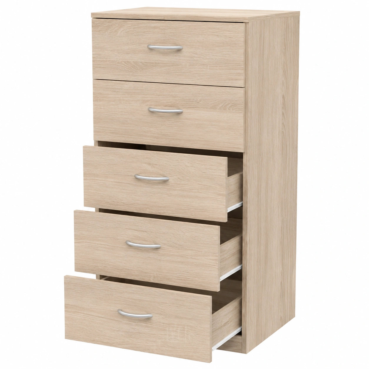 Cómoda Dormitorio 5 Cajones con Guías Metálicas, Altura 110 cm, Color Roble