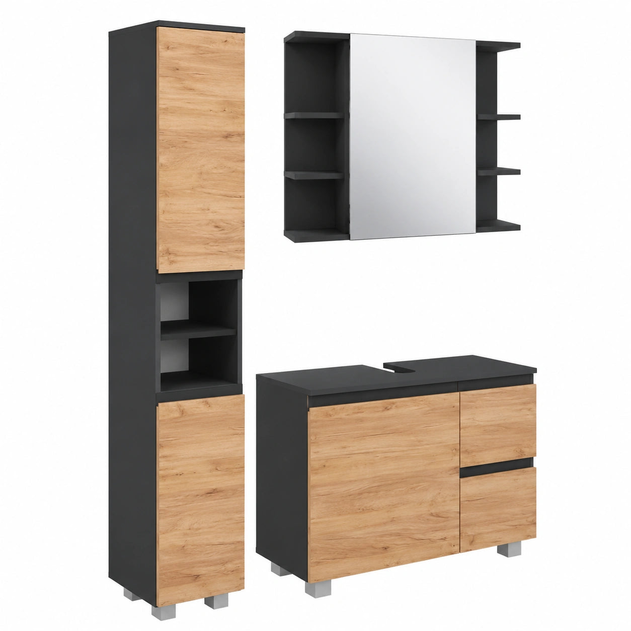 Set de Muebles de Baño Vicco J-Shape con Espejo, Armario y Columna, 80 cm, Gris
