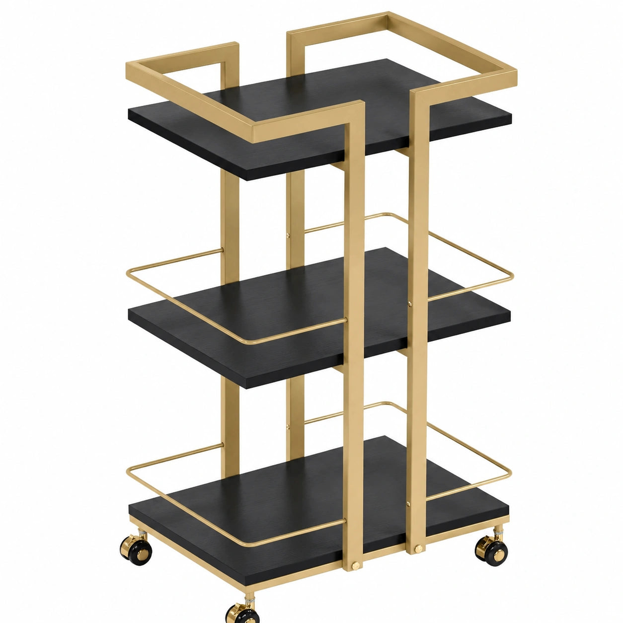 Carro de Servicio Moderno con Ruedas y Estructura Metálica Negro-Dorado, 3 Niveles para Cocina y Oficina, 33x43x75cm