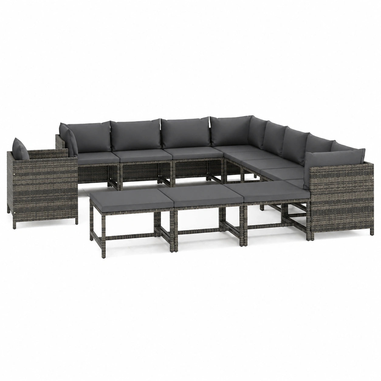 Conjunto de Muebles de Jardín de 12 Piezas con Cojines, Sofá Modular de Poliratán para Terraza y Balcón, Color Gris