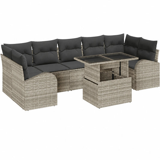 Conjunto de Sofá Modular de Jardín de 8 Piezas con Cojines, Muebles de Exterior de Ratán Gris Claro, Mesa de Comedor Grande, Resistente al Clima, Estilo Lounge Sofisticado y Confortable