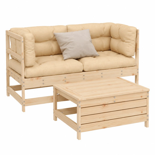 Conjunto de Muebles de Jardín de Pino Macizo con Cojines, 3 Piezas, Modular para Terraza y Balcón