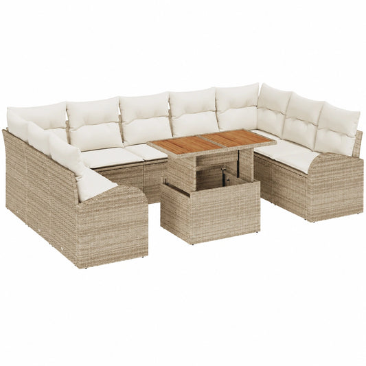 Conjunto de Sofás de Jardín Beige de Ratán Sintético, 10 Piezas con Cojines para 6 Personas - Mueble Modular y Resistente al Clima