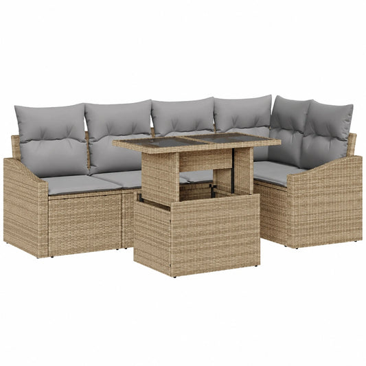 Conjunto de Muebles de Jardín 6 Piezas Beige de Poliratán con Cojines