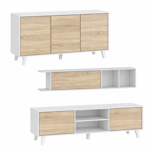 Conjunto de Sala Zaiken Plus, Mueble con Módulo Inferior y Superior, Aparador Buffet, Roble Canadiense y Blanco Brillante