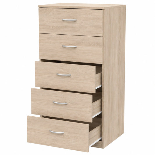 Cómoda Dormitorio 5 Cajones con Guías Metálicas, Altura 110 cm, Color Roble