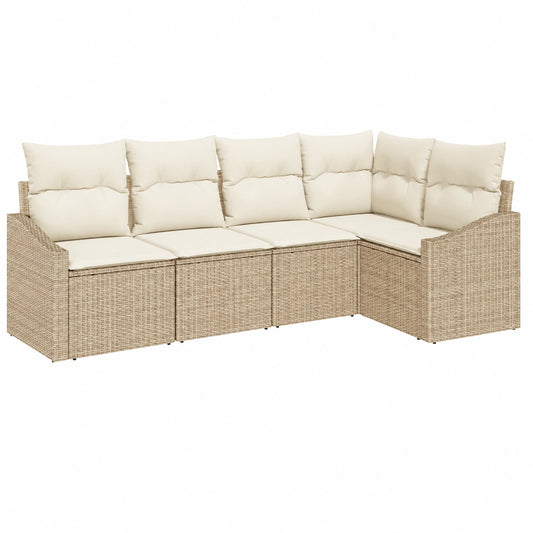 Conjunto de Jardín de 5 Piezas Beige con Cojines de Poliratán, Ideal para 4 Personas