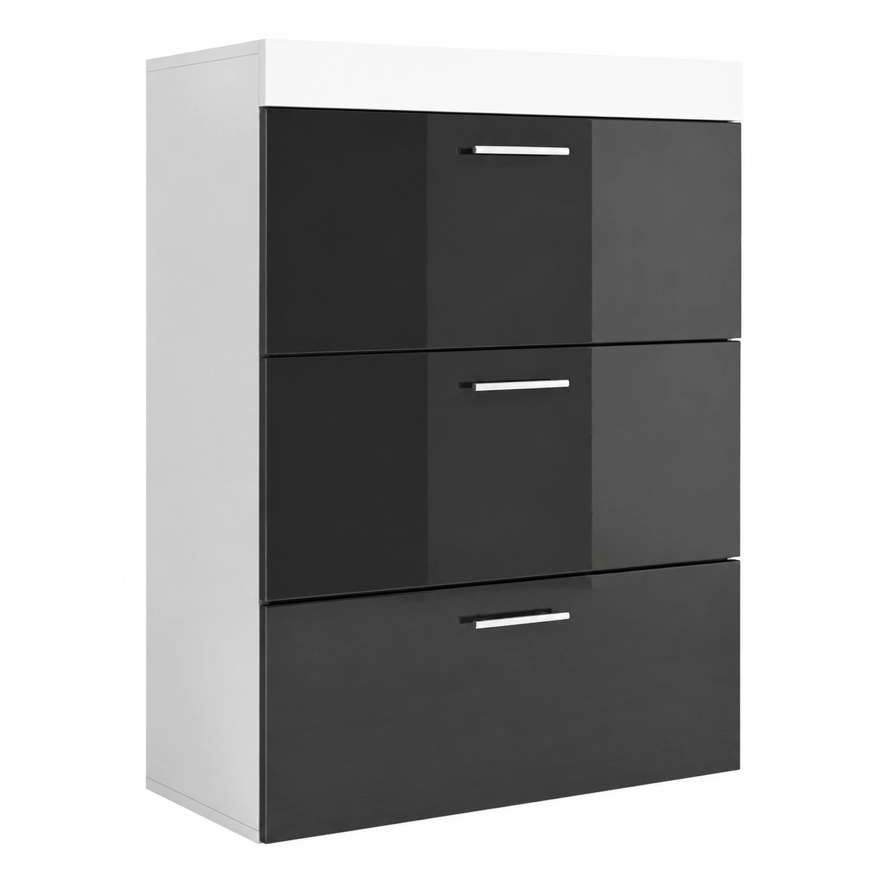 Cómoda Dalia de Melamina Brillante con 3 Cajones, Tiradores Metálicos, Blanco/Negro, 75x99x36 cm