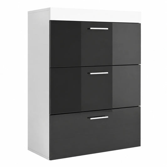 Cómoda Dalia de Melamina Brillante con 3 Cajones, Tiradores Metálicos, Blanco/Negro, 75x99x36 cm