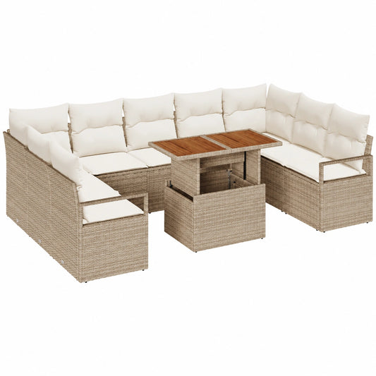 Conjunto de Sofás de Jardín de Ratán con Cojines, 10 Piezas Beige y Crema, Muebles Exteriores Resistentes al Clima
