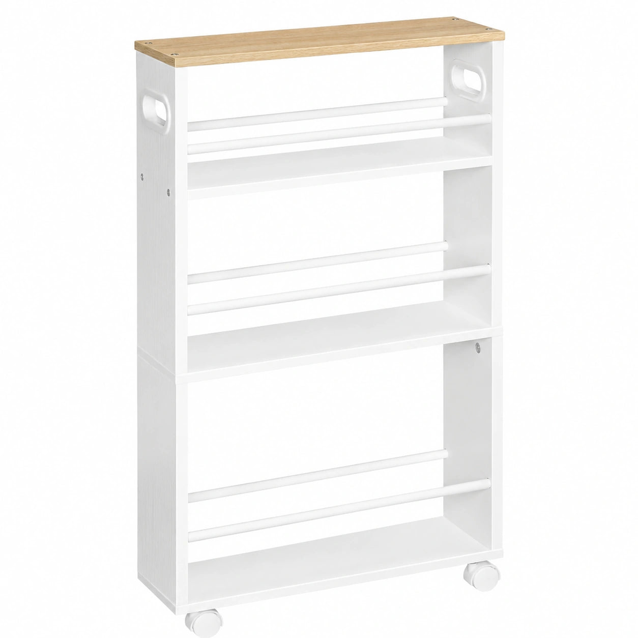 Carro de Cocina Multifuncional con 4 Niveles, Blanco y Madera Natural