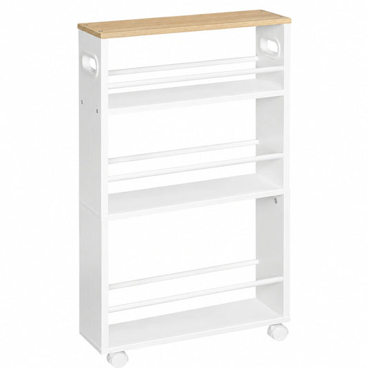 Carro de Cocina Multifuncional con 4 Niveles, Blanco y Madera Natural