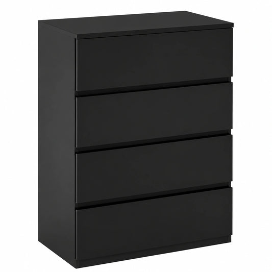 Cómoda Moderna Negro Brillo con 4 Cajones, Diseño Anti-vuelco para Dormitorio y Salón, 55x34x80 cm