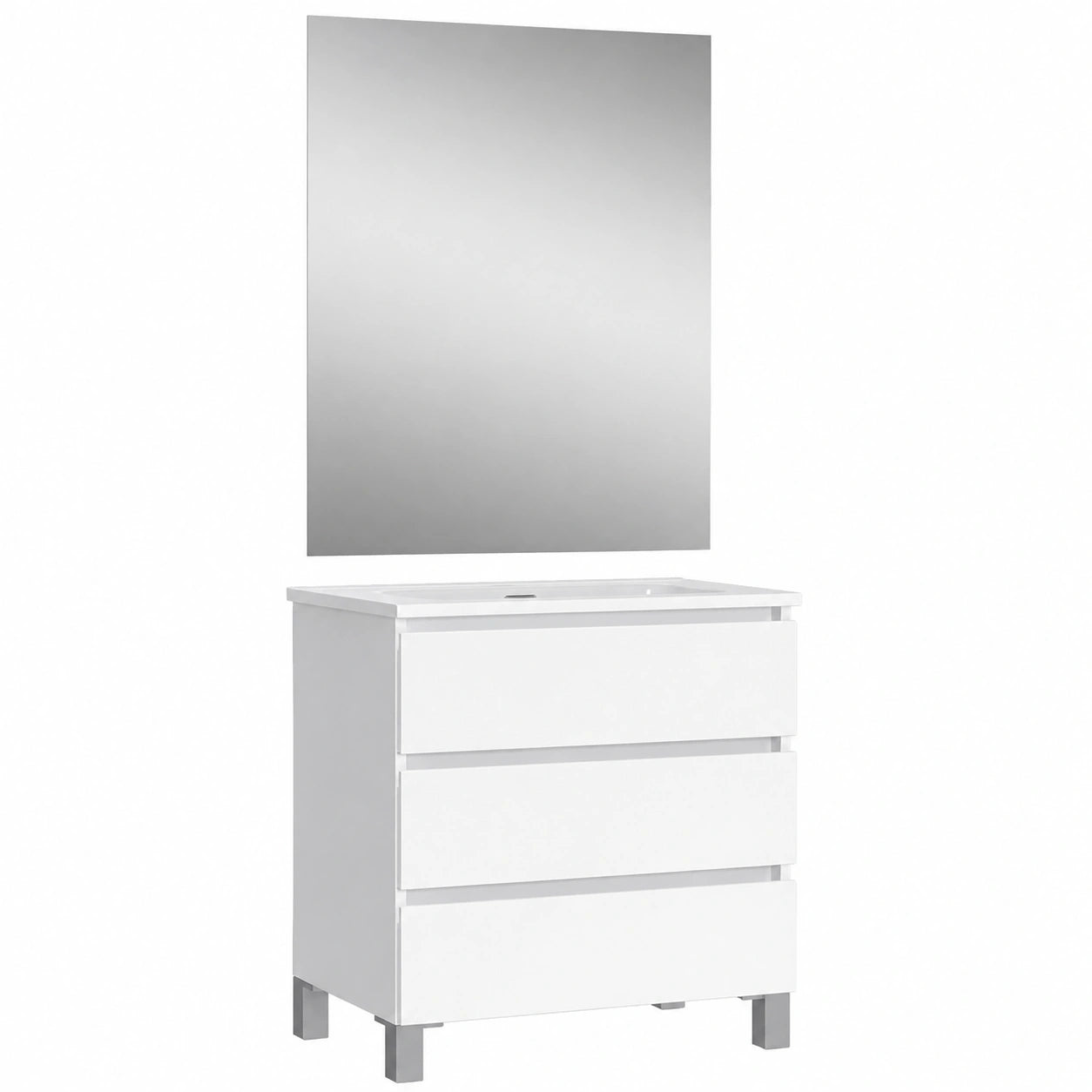 Conjunto de Mueble de Baño Suspendido Blanco Mate, Tres Cajones, Lavabo y Espejo, Fondo Reducido, 50cm