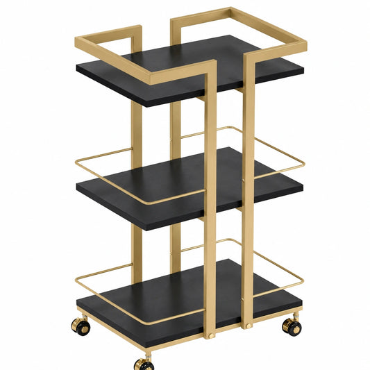 Carro de Servicio Moderno con Ruedas y Estructura Metálica Negro-Dorado, 3 Niveles para Cocina y Oficina, 33x43x75cm