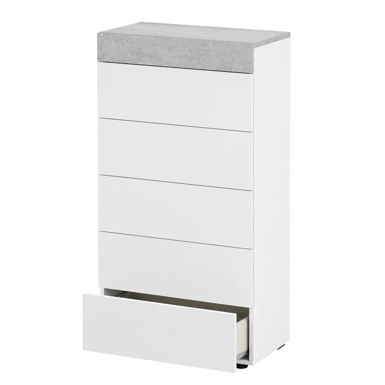 Cómoda con 5 Cajones en Blanco y Gris Cemento, Diseño Moderno para Dormitorio