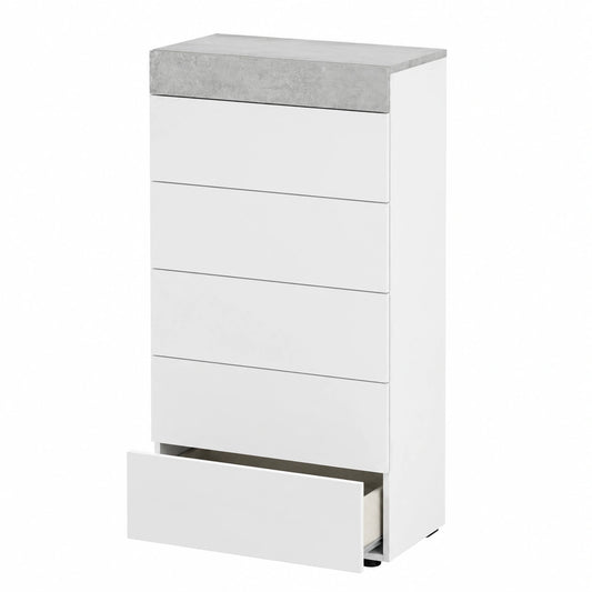 Cómoda con 5 Cajones en Blanco y Gris Cemento, Diseño Moderno para Dormitorio