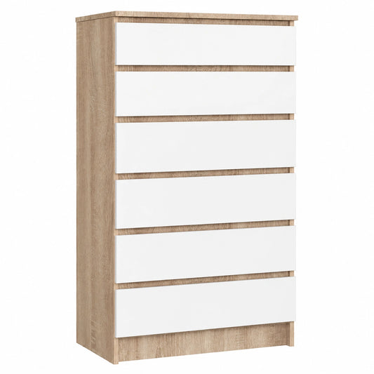Cómoda de 6 Cajones AKORD K60 Roble Sonoma y Blanco, 60x40x130 cm