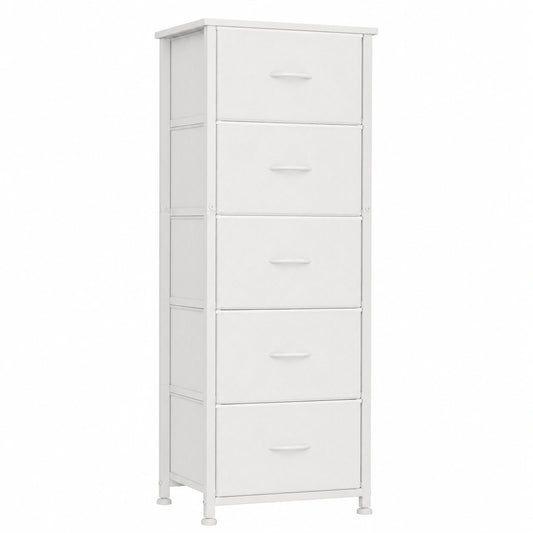 Cajonera Alta y Estrecha con 5 Cajones de Tela, Organizador para Dormitorio, Salón o Habitación Infantil, Blanco