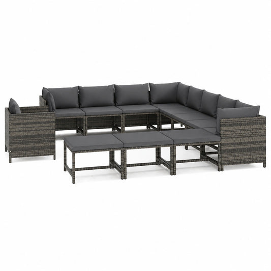 Conjunto de Muebles de Jardín de 12 Piezas con Cojines, Sofá Modular de Poliratán para Terraza y Balcón, Color Gris