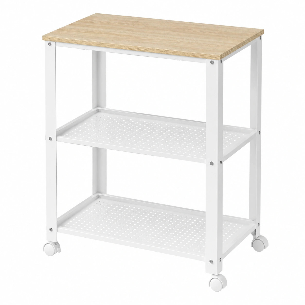 Carro Auxiliar de Cocina 3 Niveles con Ruedas, Estantería Metálica Blanca y Roble Claro 60x40x76 cm