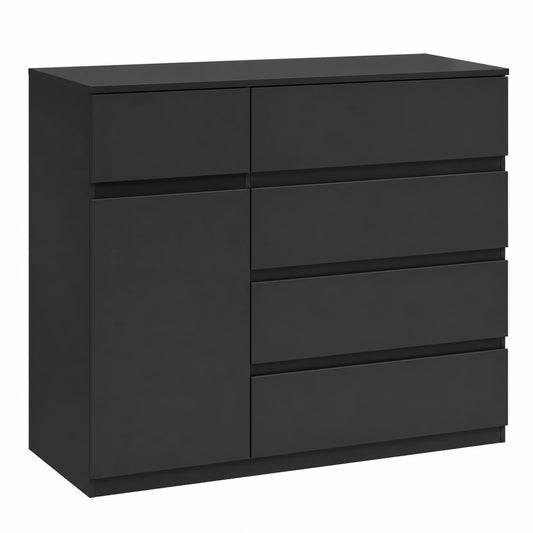 Cómoda con 5 Cajones y Armario, Estante Ajustable, para Dormitorio y Salón, 100x40x80 cm, Negro